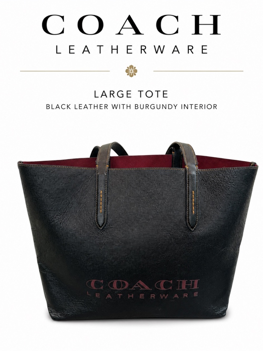 Coach Leather Tote Bag Large Black Red Interior Shoulder Bag Classic Carryall - Picture 2 of 10